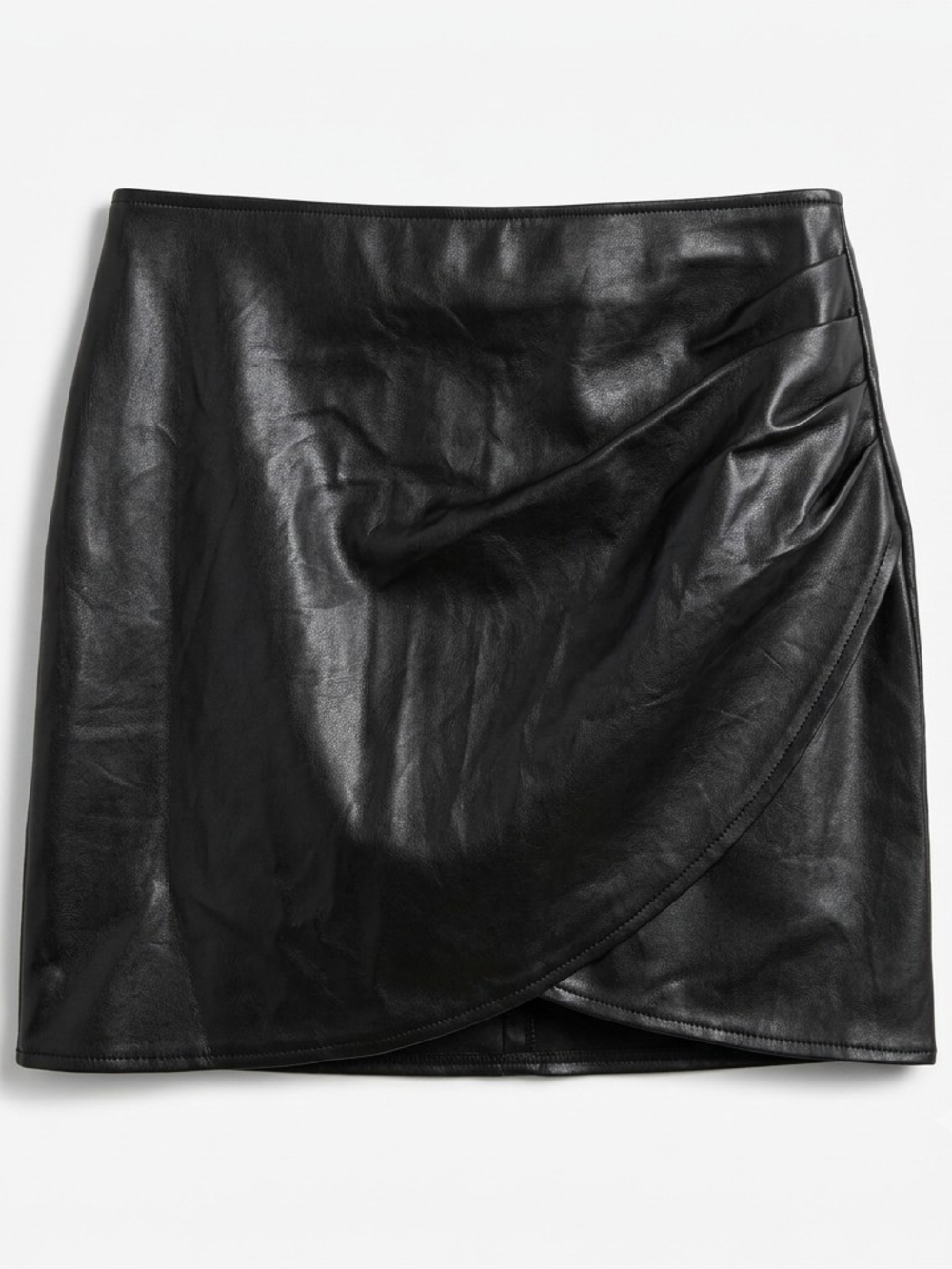 Hunter & Brown Black Faux Leather Ruched Wrap Tulip Mini Skirt Size L Biker Chic
